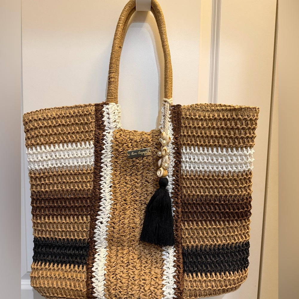 Woven Striped Tote with Tassel Charm - Neutral Brown/Black/White